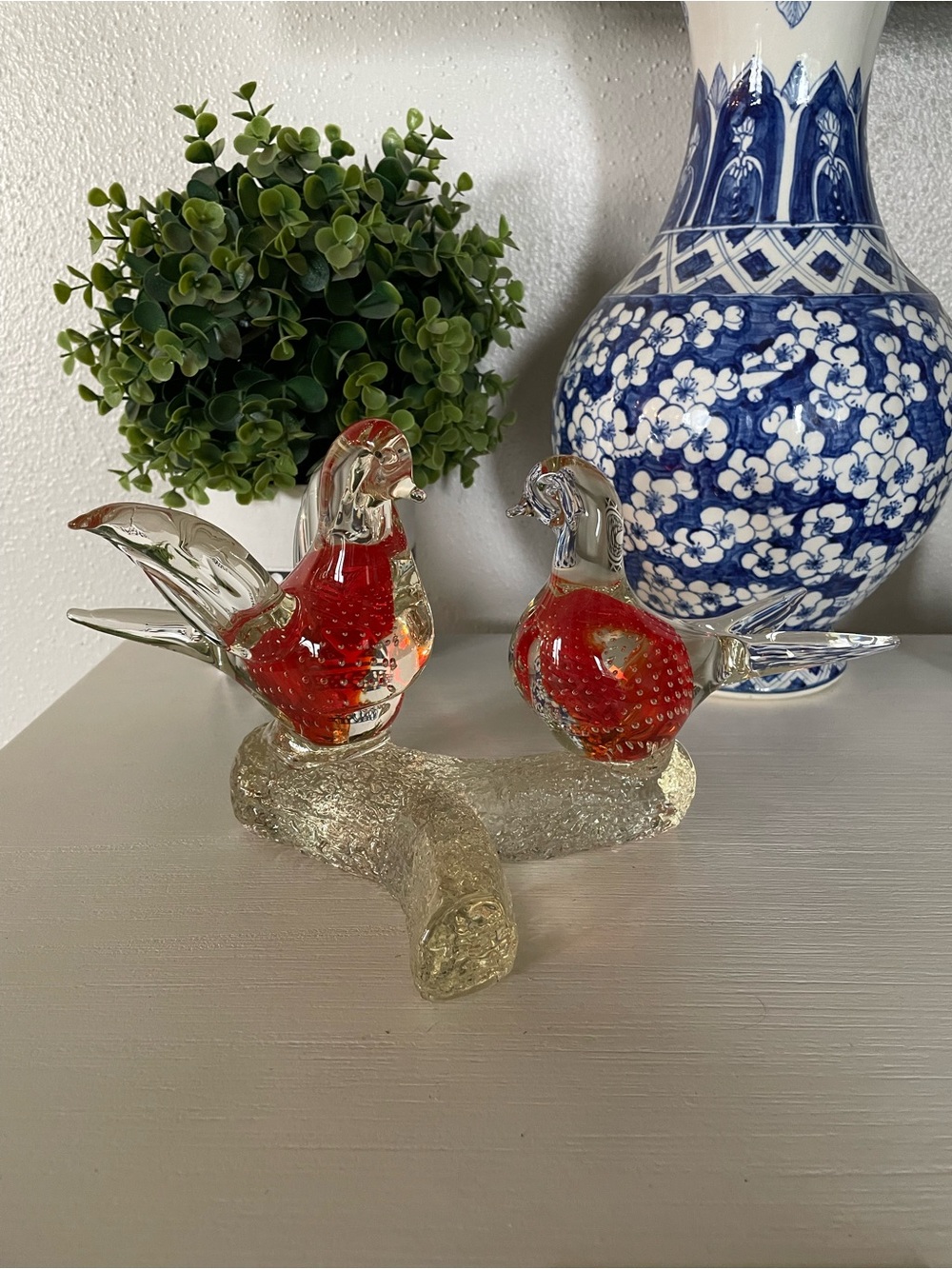 ICET Red Love Birds on Branch Figurine Murano Style glass
